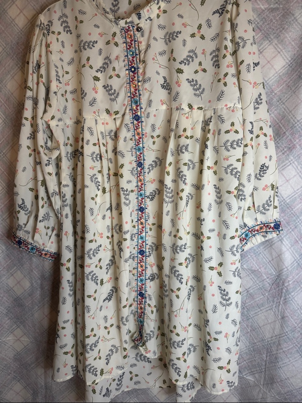 Ivory Floral Mini Dress with Embroidered Trim